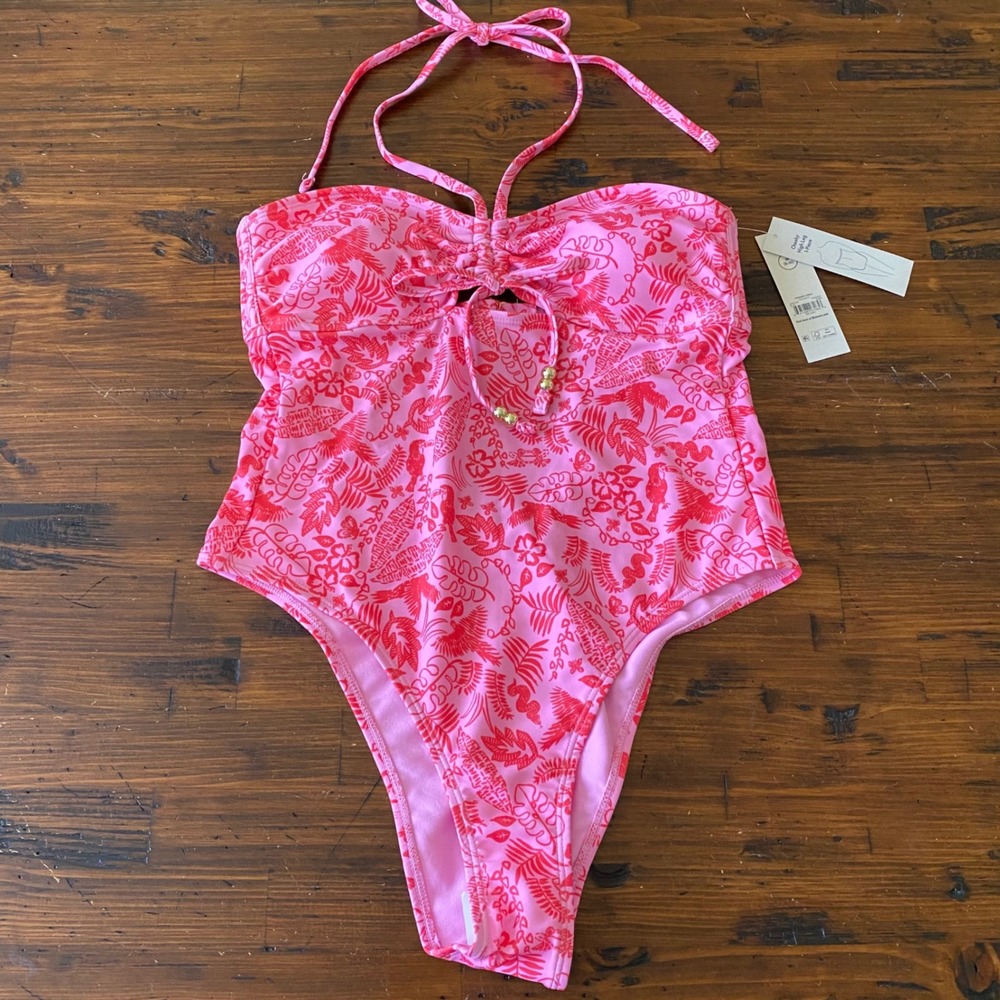 No Boundaries Pink Tropical Toucan Cheeky High Leg 1-Piece Swimsuit Medium 8-10